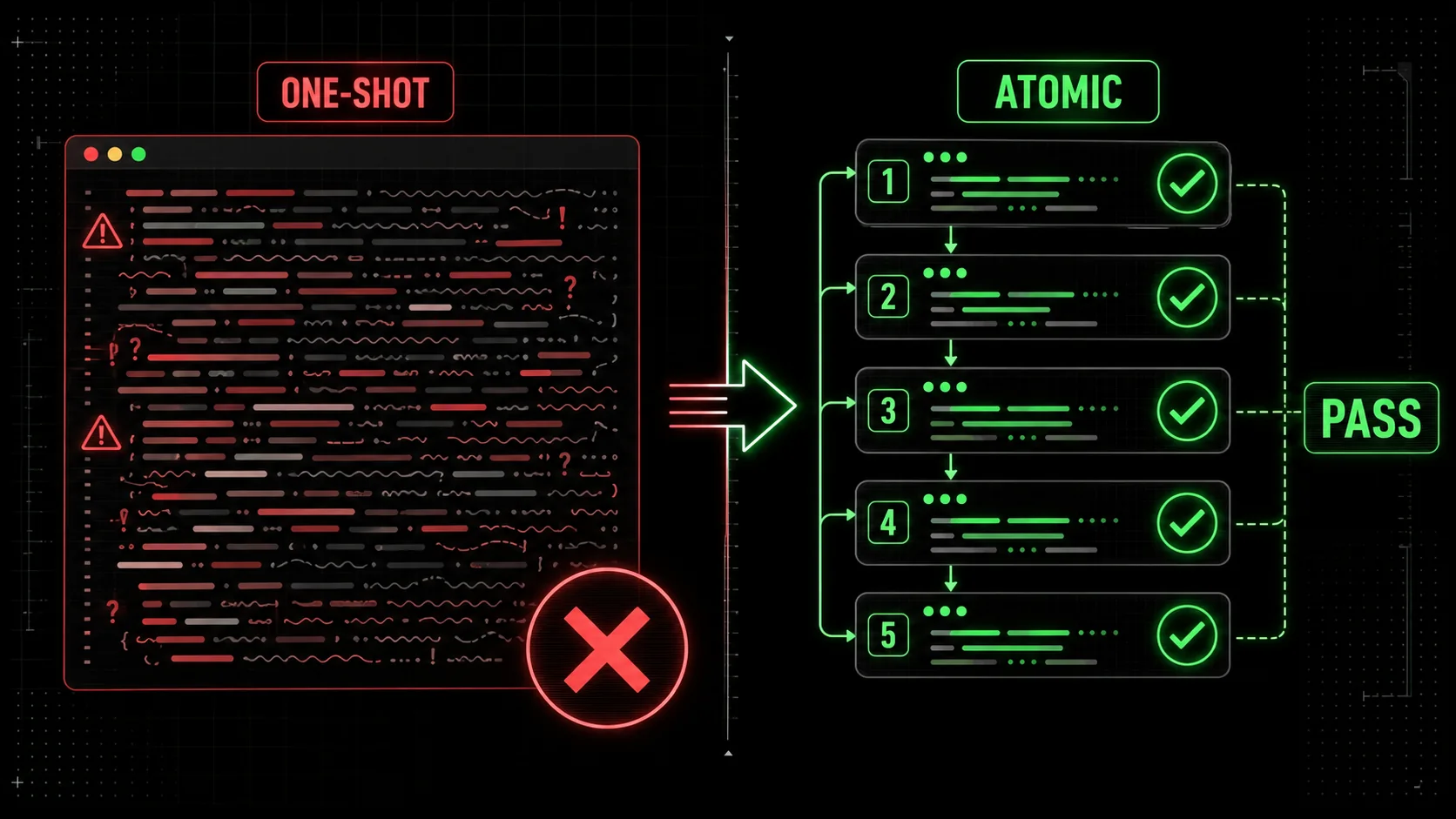 A split-screen comparison: left side shows a long, messy one-shot prompt, right side shows the same brief broken into 5 atomic sub-prompts with checkmarks