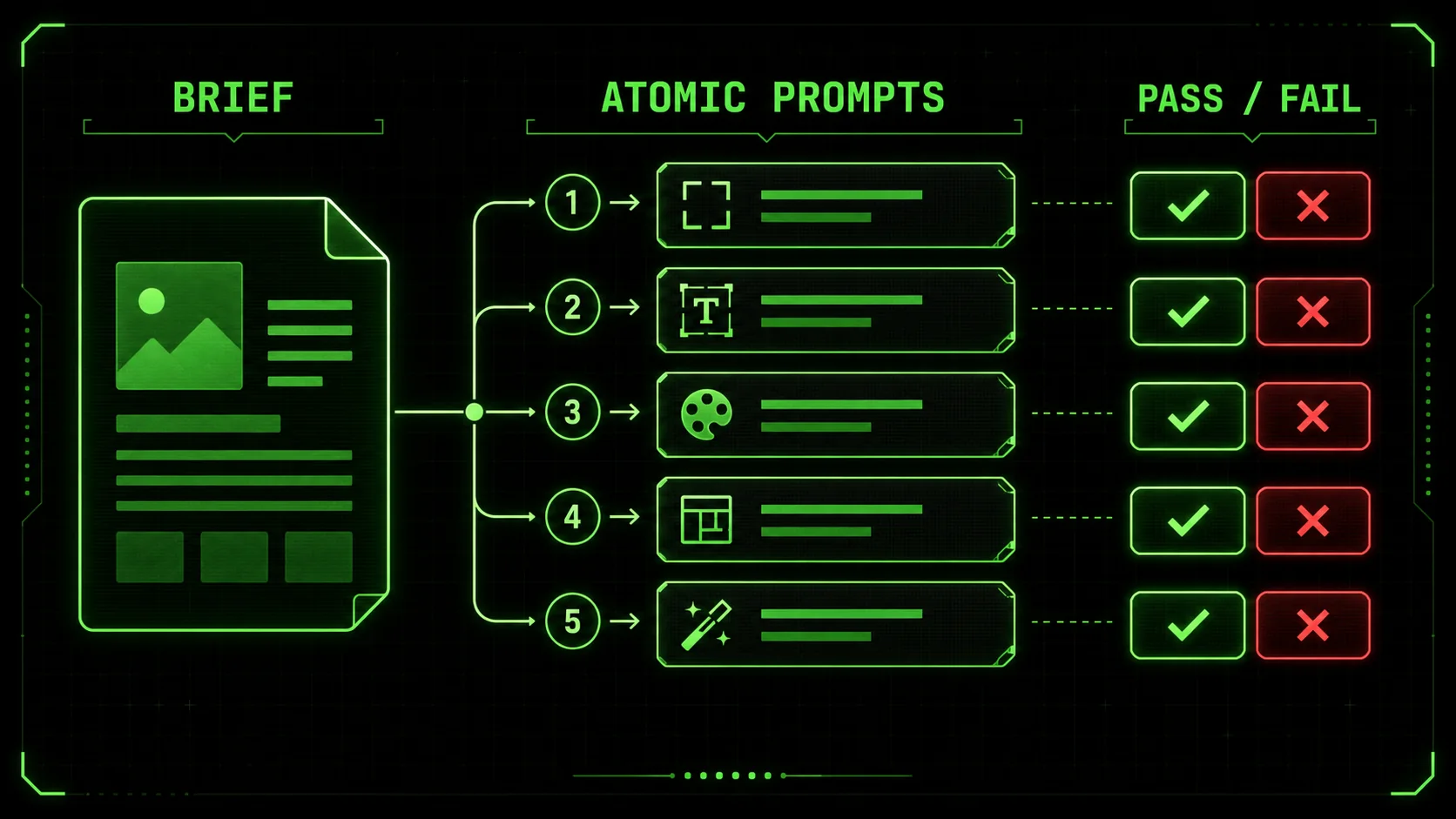 A step-by-step visual guide showing a design brief being decomposed into atomic sub-prompts, each with a pass/fail checkbox