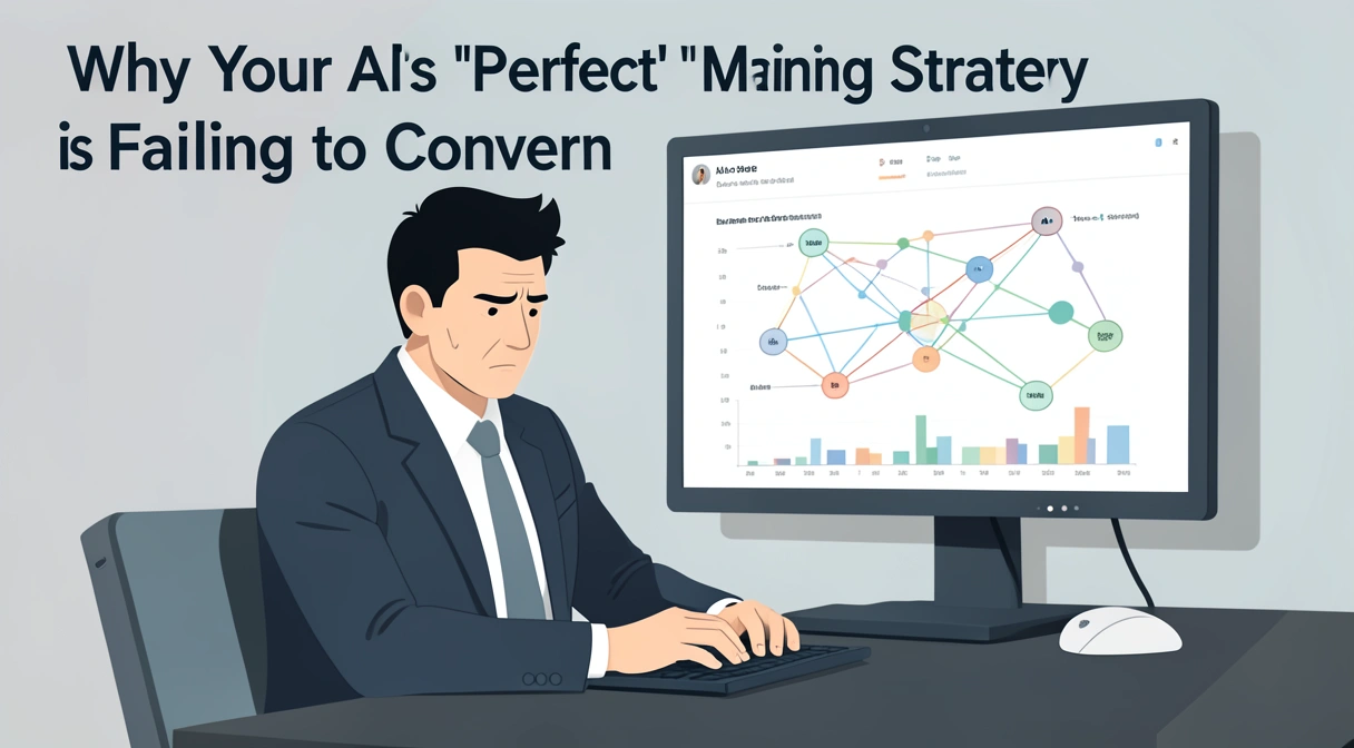 A frustrated marketer looking at a beautiful, complex flowchart on a screen next to a flatlining sales graph